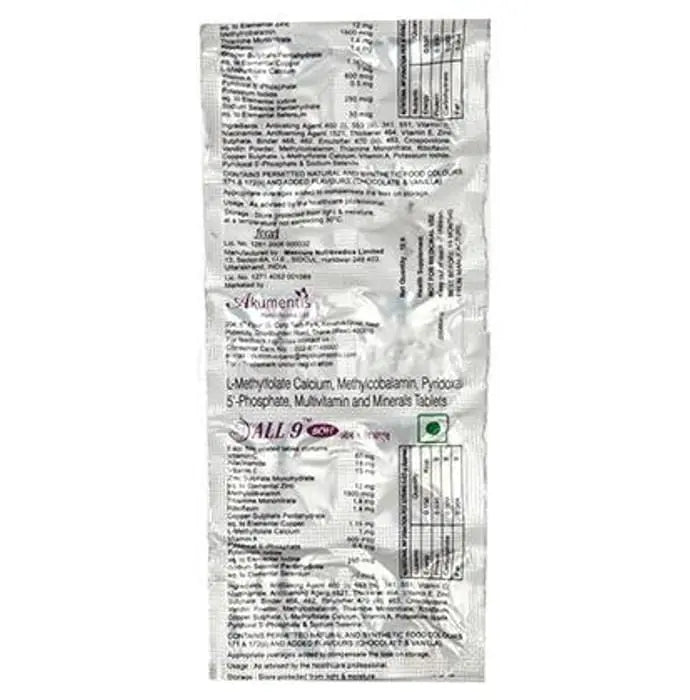 All 9 Boh Tablet with Methylcobalamin, L-Methylfolate & Pyridoxal-5-Phosphate - Nibasu