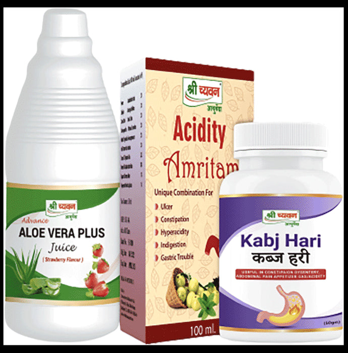 Shri Chyawan Combo Pack of Advance Aloe Vera Plus Juice (500ml Each), Acidity Amritam Syrup (100ml Each) & Kabj Hari Powder (50gm) - Nibasu
