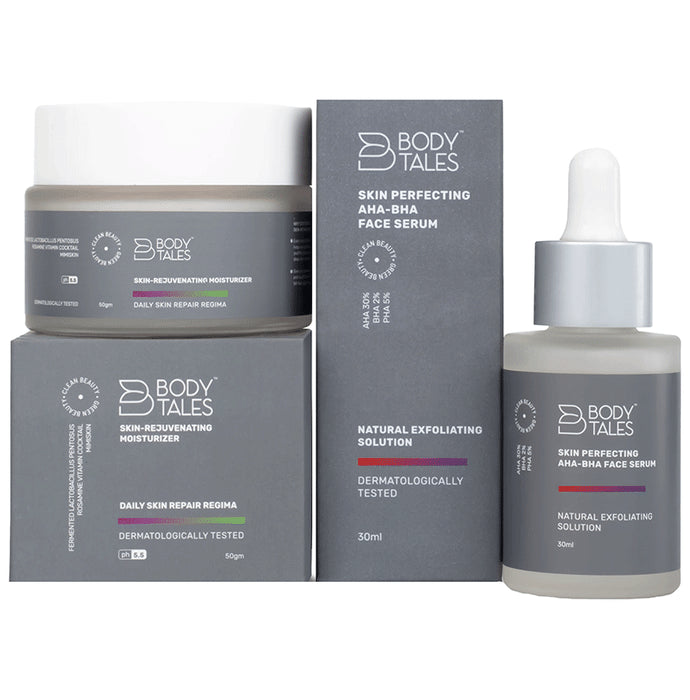 Body Tales Combo Pack of Skin Perfecting AHA-BHA Face Serum (30ml) & Skin-Rejuvenating Moisturizer (50gm) - Nibasu