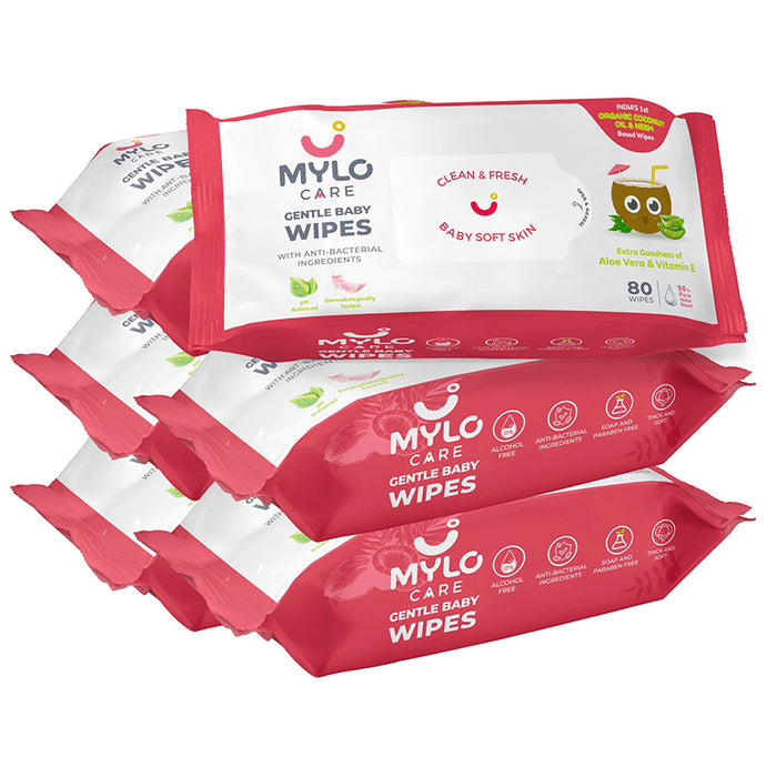 Mylo Care Gentle Baby Wipes with 98% Pure Water, Coconut Oil & Neem (80 Each) Without Lid - Nibasu