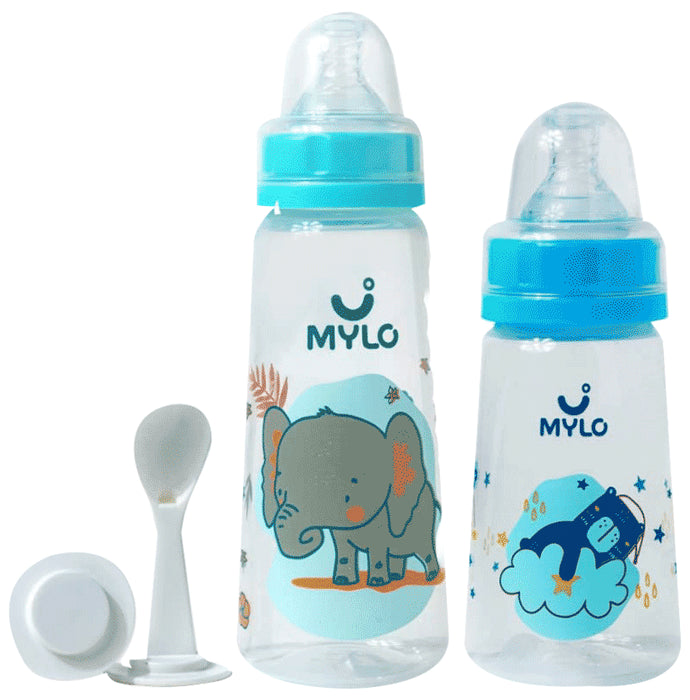 Mylo 2 In 1 BPA Free with Anti-Colic Nipple & Spoon Baby Feeding Bottle (125ml & 250 ml) Bear & Elephant - Nibasu