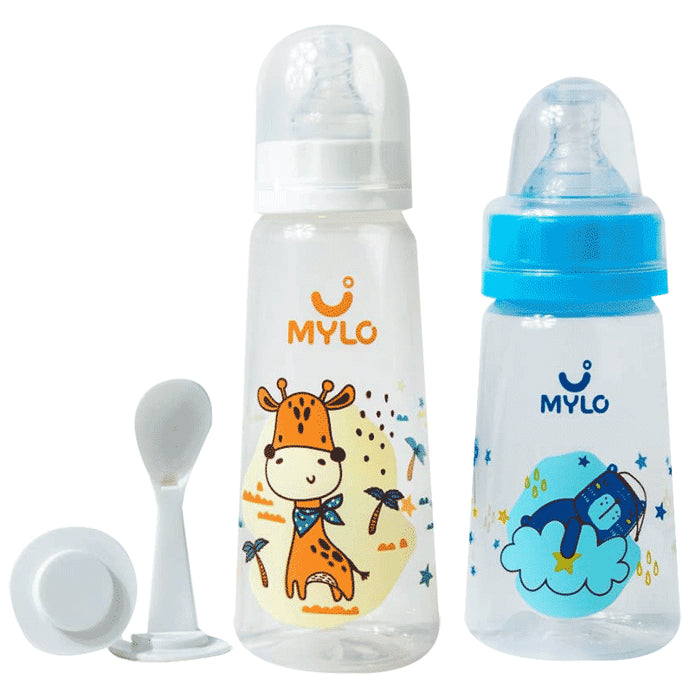 Mylo 2 In 1 BPA Free with Anti-Colic Nipple & Spoon Baby Feeding Bottle (125ml & 250 ml) Bear & Giraffe - Nibasu
