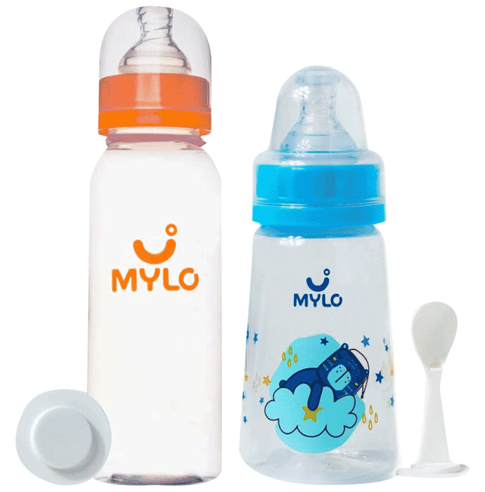Mylo 2 In 1 BPA Free with Anti-Colic Nipple & Spoon Baby Feeding Bottle (125ml & 250 ml) Bear & Zesty Orange - Nibasu