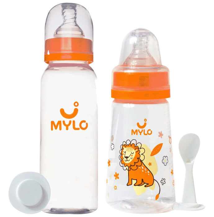 Mylo 2 In 1 BPA Free with Anti-Colic Nipple & Spoon Baby Feeding Bottle (125ml & 250 ml) Feeding Bottle Lion & Zesty Orange - Nibasu