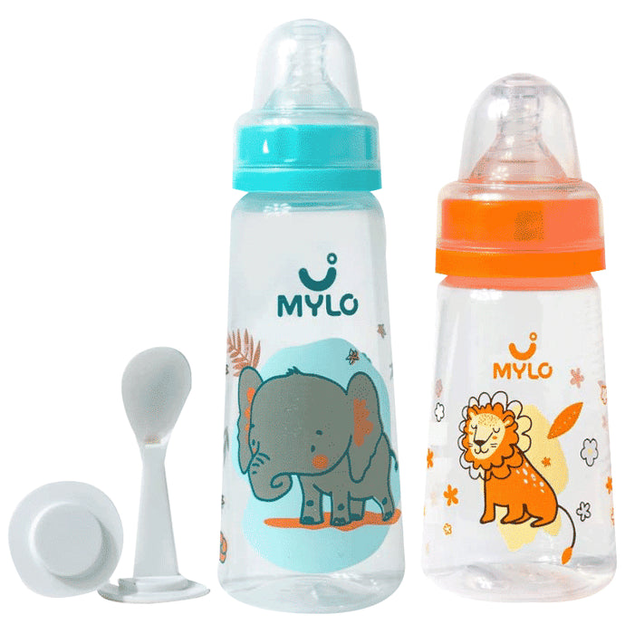 Mylo 2 In 1 BPA Free with Anti-Colic Nipple & Spoon Baby Feeding Bottle (125ml & 250 ml) Lion & Elephant - Nibasu