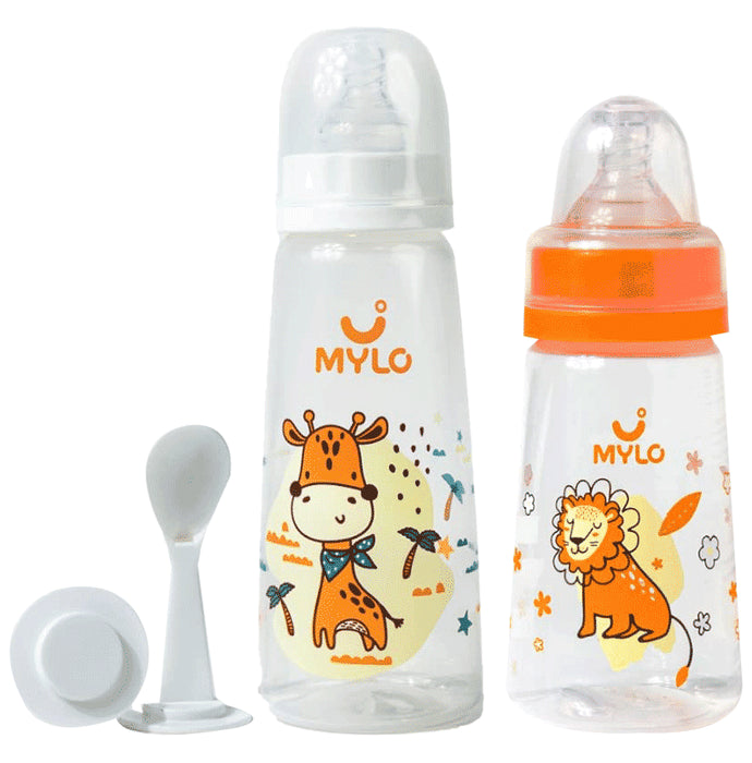 Mylo 2 In 1 BPA Free with Anti-Colic Nipple & Spoon Baby Feeding Bottle (125ml & 250 ml) Lion & Giraffe - Nibasu