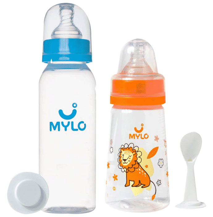 Mylo 2 In 1 BPA Free with Anti-Colic Nipple & Spoon Baby Feeding Bottle (125ml & 250 ml) Lion & Sky Blue - Nibasu