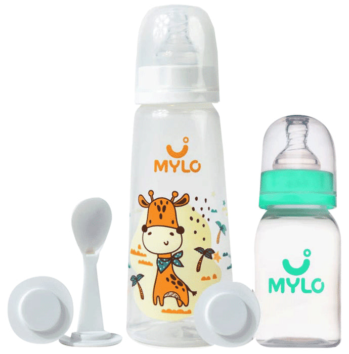 Mylo 2 In 1 BPA Free with Anti-Colic Nipple & Spoon Baby Feeding Bottle (125ml & 250 ml) Lion & Zesty Orange - Nibasu