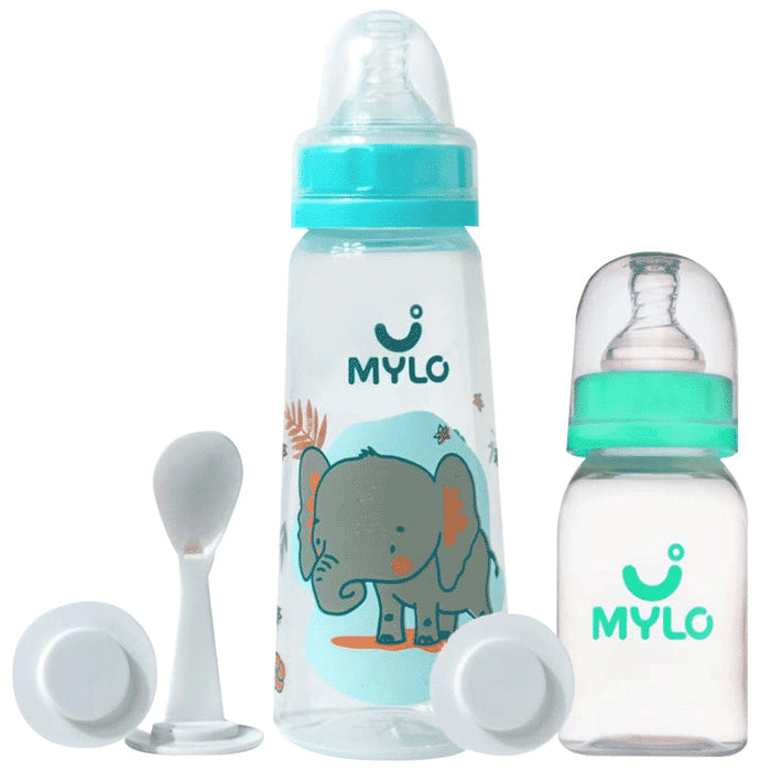 Mylo 2 In 1 BPA Free with Anti-Colic Nipple & Spoon Baby Feeding Bottle (125ml & 250 ml) Sea Green & Elephant - Nibasu