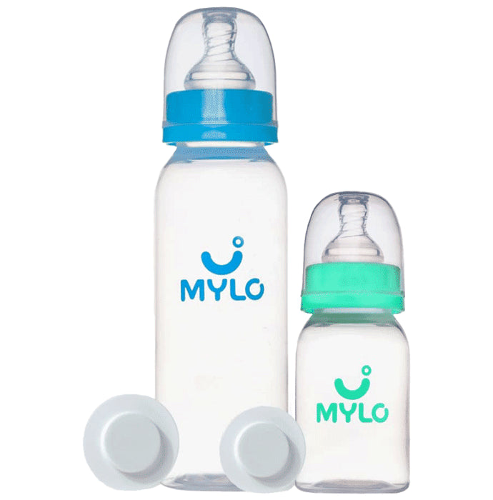 Mylo BPA Free with Anti-Colic Nipple Baby Feels Natural Baby Feeding Bottle (BPA Free with Anti-Colic Nipple (125ml & 250ml) Sea Green & Sky Blue - Nibasu