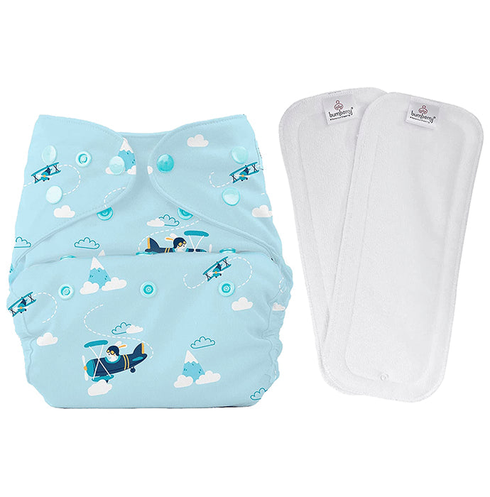 Bumberry Adjustable Reusable Cloth Diaper Cover with 2 Wet Free Insert For Babies Helicopter - Nibasu
