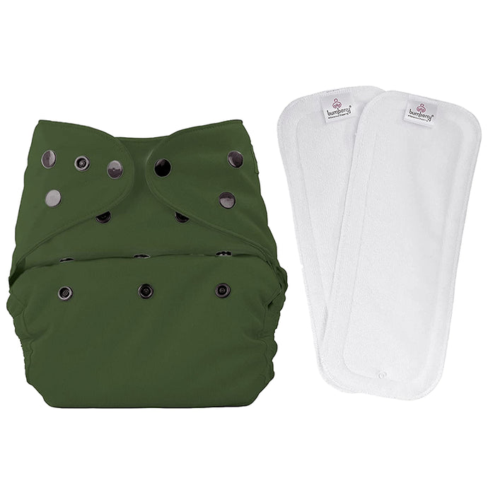 Bumberry Adjustable Reusable Cloth Diaper Cover with 2 Wet Free Insert For Babies Olive - Nibasu