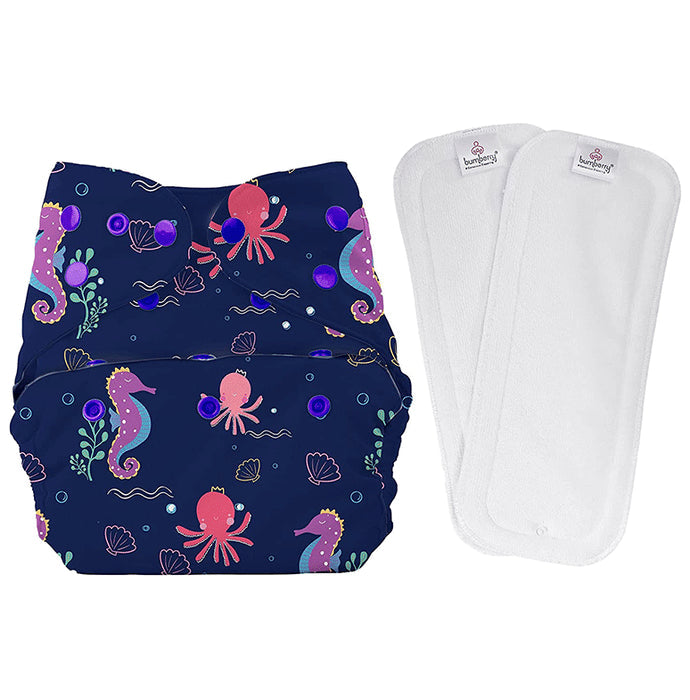 Bumberry Adjustable Reusable Cloth Diaper Cover with 2 Wet Free Insert For Babies Seahorse - Nibasu