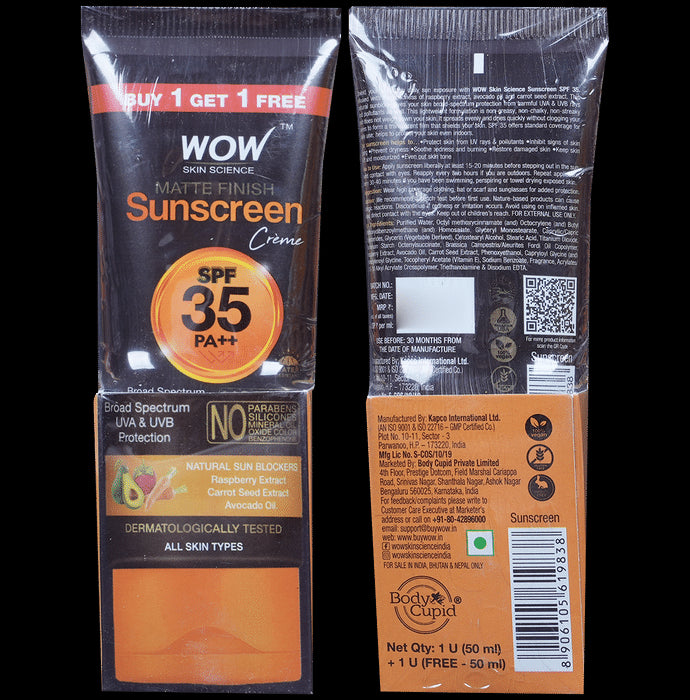 WOW Skin Science Sunscreen Matte Finish Lotion SPF 35 PA++ Buy 1 Get 1 Free - Nibasu