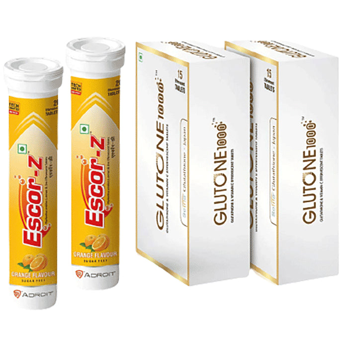 Glutone Combo Pack of Glutone 1000(15x2)& Escor-Z Orange Flavour(20x2) Effervescent Tablet - Nibasu