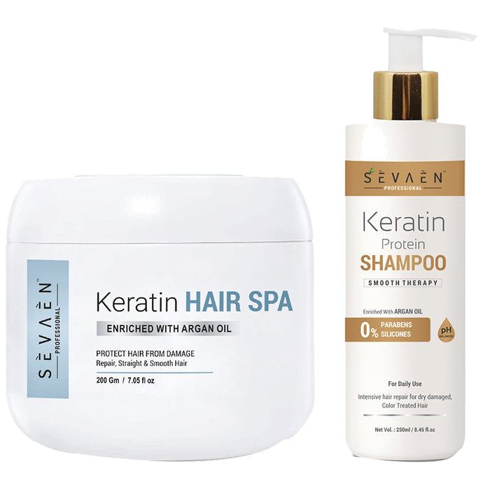 Sevaen Professional Combo Pack of Keratin Hair Spa Enriched with Argan Oil 200gm and Keratin Protein Shampoo 250ml - Nibasu