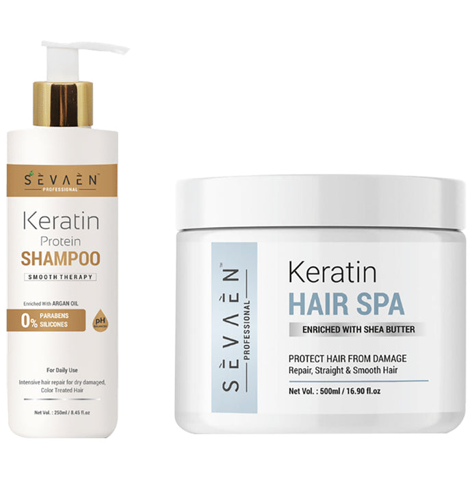 Sevaen Professional Combo Pack of Keratin Protein Shampoo 250ml and Keratin Hair Spa Enriched with Shea Butter 500ml - Nibasu