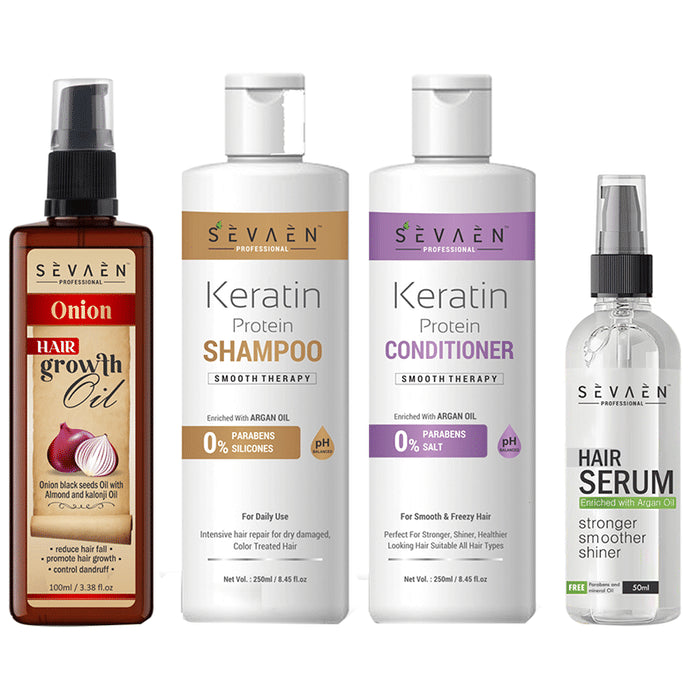 Sevaen Professional Combo Pack of Keratin Protein Shampoo 250ml, Hair Serum 50ml, Keratin Protein Conditioner 250ml and Onion Hair Growth Oil 100ml - Nibasu