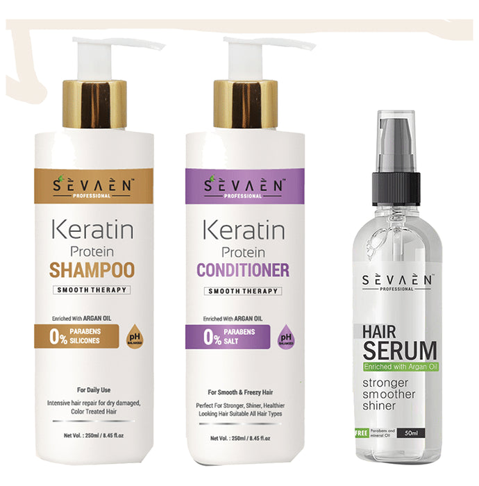 Sevaen Professional Combo Pack of Keratin Protein Shampoo 250ml, Keratin Protein Conditioner 250ml and Hair Serum 50ml - Nibasu