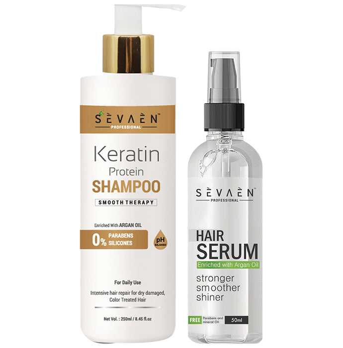 Sevaen Professional Combo Pack of Keratin Protein Shampoo for Daily Use 250ml and hair Serum 50ml - Nibasu