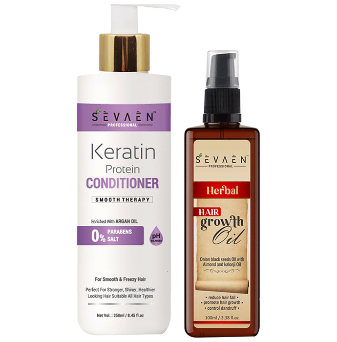 Sevaen Professional Combo Pack of Keratin Protein shampoo for smooth & Freezy Hair 250ml and Herbal Hair Growth Oil 100ml - Nibasu