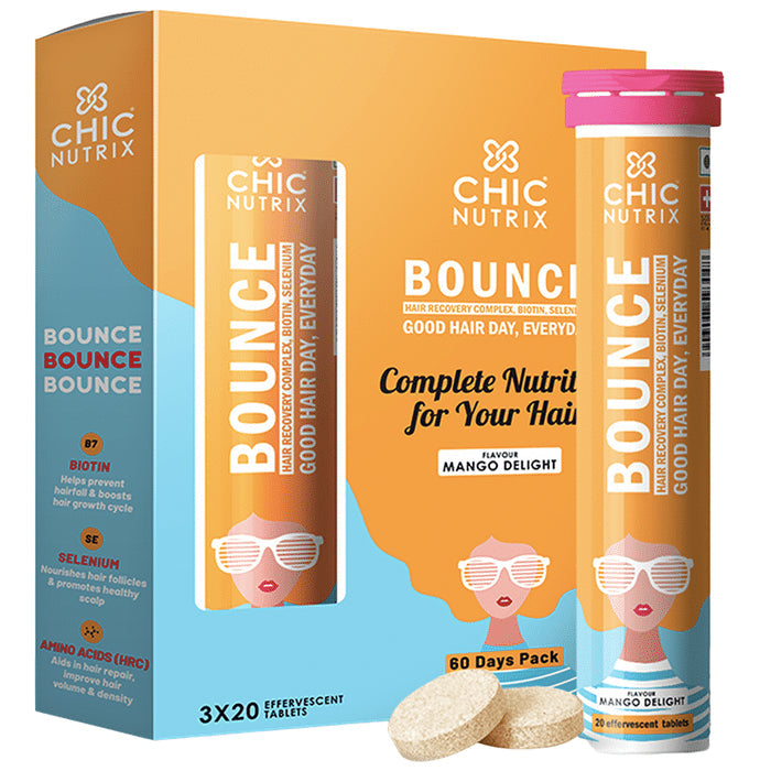 Chicnutrix Bounce Hair Recovery Complex with Biotin & Selenium | Flavour Effervescent Tablet Mango Delight - Nibasu