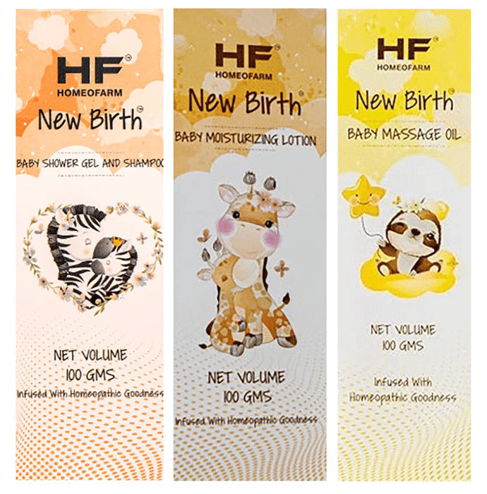 H F Homeofarm Combo Pack of New Birth Baby Massage Oil (100ml), Baby Moisturizing Lotion (100gm) & Baby Shower Gel and Shampoo (100gm) - Nibasu