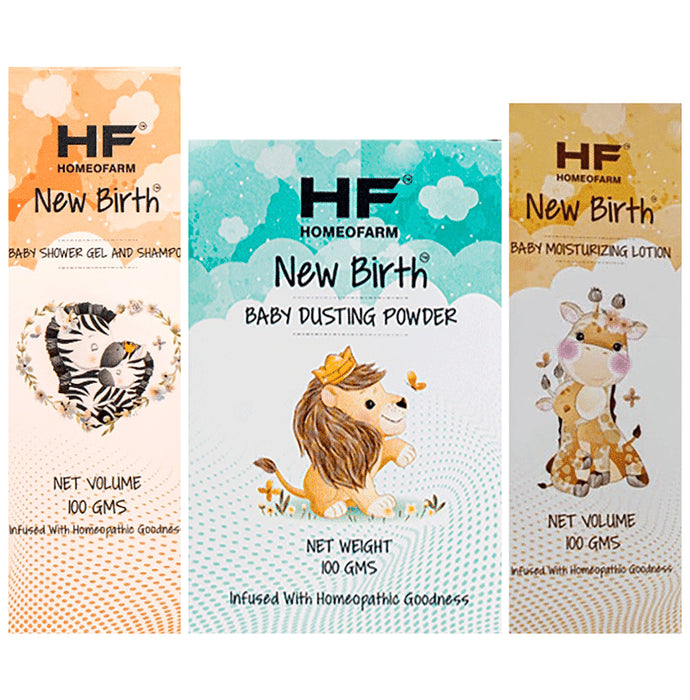 H F Homeofarm Combo Pack of New Birth Baby Shower Gel and Shampoo, Baby Dusting Powder & Baby Lotion (100gm Each) - Nibasu